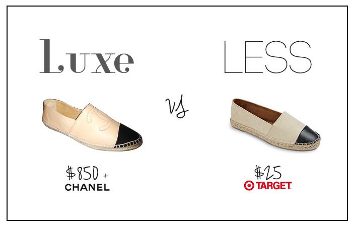 luxe for less, chanel dupe, chanel cap toe espadrille, chanel canvas espadrille, chanel leather espadrille
