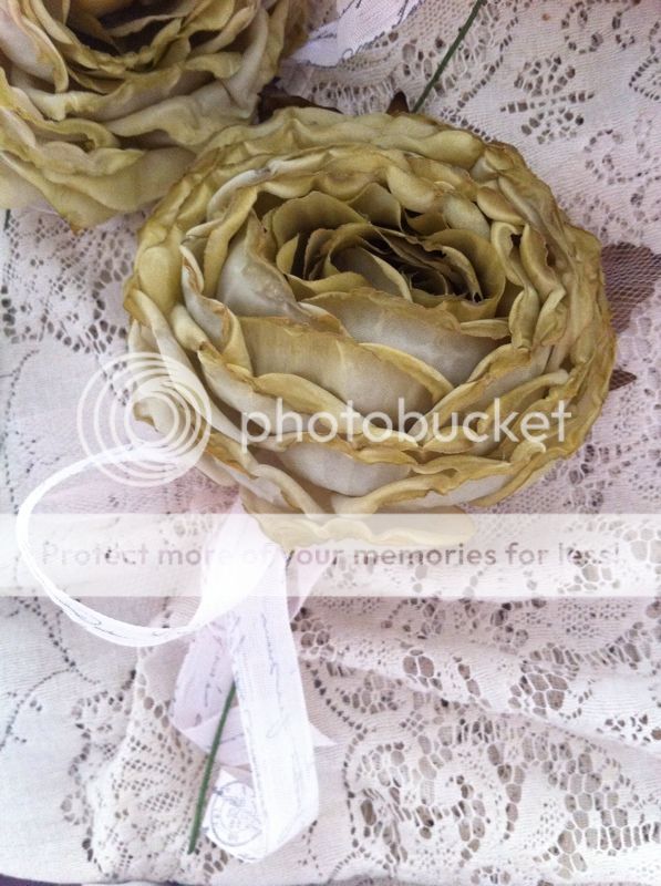 OMG Huge Cabbage Roses Vintage Sage Green French Script Ribbon Aged Tulle