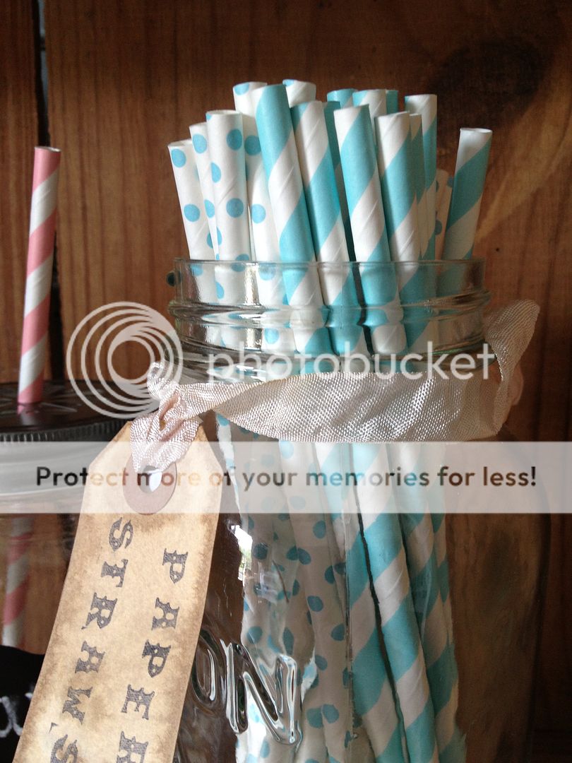 50 Vintage Style Aqua White Polka Dot and Striped Paper Straws Old Fashioned